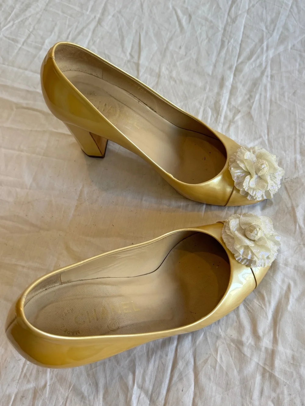 CHANEL Yellow Patent Camellia Iridescent Flower & CC Ballet Heels